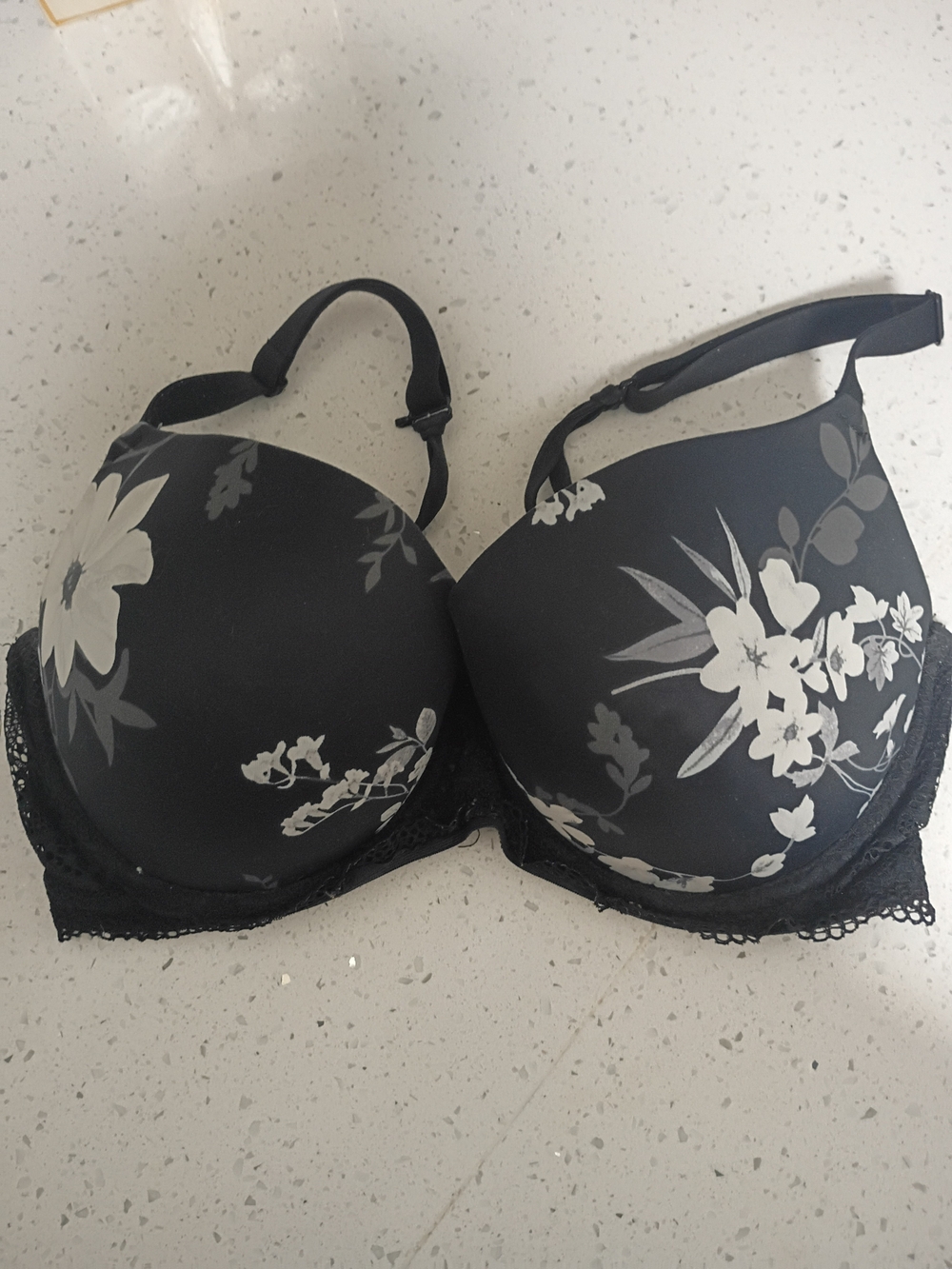 Auden Black Bra with White Floral Print and Lace Trim